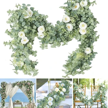 2/1db 180cm művirágok Selyem Rózsa, Eukaliptusz Garland Szőlő Lógó Növényeket Grennery Esküvői Haza Fél Ív Asztal Dekoráció