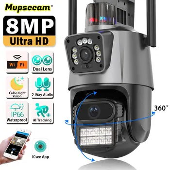4K HD ICSee 8MP Kettős Lencse Kültéri Vezeték nélküli Biztonsági Kamera, Riasztó, Világos Színű éjjellátó CCTV Monitor WIFI Kamera