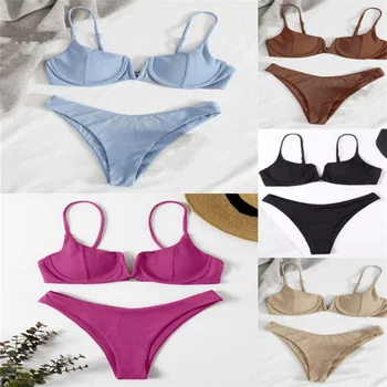 Bikini Tanga Női Fürdőruha 2023 Új Egyszínű V-Nyak Halványító Fürdőruha Bikini Szett Nyári Strandcuccot Fürdés Női