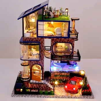 DIY Fa babaházakat Miniatűr Épület Kit Manhattan Villa Babaház Autó Közgyűlés Modell Játékok Felnőttek Számára, Születésnapi Ajándékok