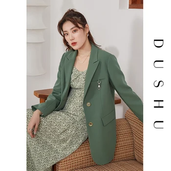 DUSHU Plus Size Túlméretes Zöld Blézer Kabát Női Tavaszi Elegáns Irodai Női Blézer Női Alkalmi Streetwear Hosszú Ujjú Kabát