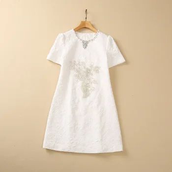 Európai, illetve Amerikai női ruhák 2023 tavaszán új, Rövid ujjú Nehéz varrás gyöngy fehér jacquard Divatos ruha
