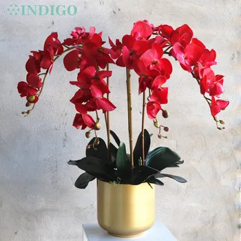 INDIGO-Igazi Kapcsolatot Mesterséges Virág Arrangment, Piros Orchidea, Orchidea, 5 Levél, Váza, Moha, Esküvő Asztaldísz, DIY