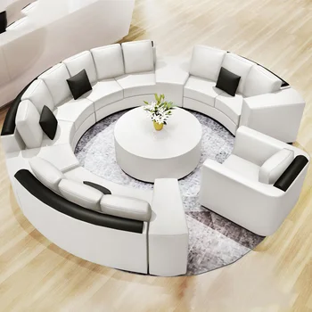 Kerek kreatív nappali kombináció egyszerű, modern ívelt hivatal VIP fogadás bőr kanapé ly02