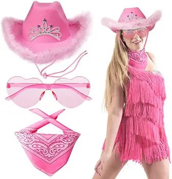Nyugat Cowgirl Party Dress Up Kalap, Kendő, Szemüveg 3pcs/set Toll Szélén Cowboy Kalap Sequin Rózsaszín Lánybúcsú, Leánybúcsú, Parti Dekoráció