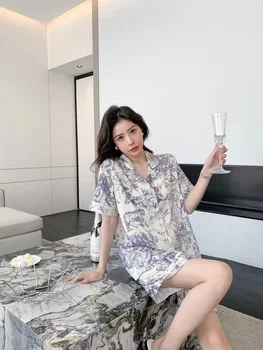 Nyári 2023 új festék festés állat jég selyem pizsamát női rövid ujjú nadrág loungewear készlet