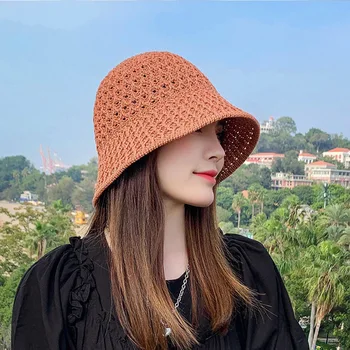 Nyáron napvédő sapka női nettó híresség ins vödör kalap kivájt halász-medence kalap szabadtéri kötött, hogy blokkolja a nap