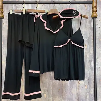 Női 5DB Pizsama Ruha Szexi Hálóruházat Modális Fodros Hálóruha ok-Okozati Loungewear Hálóing Laza Póló&nadrág&cami&nadrág&javítás