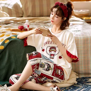 Női Pizsama Pamut Nyári Hálóingre Antik Kínai Stílusú Hálóruházat, Rövid ujjú Loungewear Laza, Vékony, Puha Otthoni Viselet Ruhával