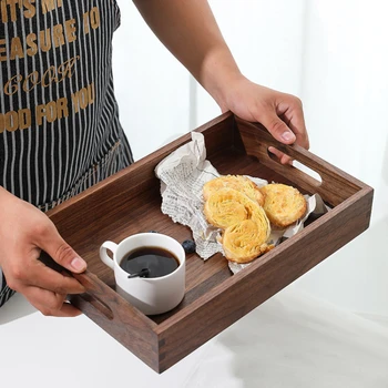Qnr fekete dió egyszerű, tömör fából készült tea tálca háztartási kezelni nappali élelmiszer fából készült tálca téglalap alakú, Japán ins szél