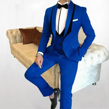 Royal Kék Öltönyös Férfi 3Pcs Egyedi Ember Vőlegény Esküvői Öltöny Szmoking Divat Hivatalos Fél Üzleti Zakó, Mellény Nadrág Szett