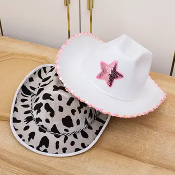 Unisex Nyak Felhívni A String Felnőtt Mérete Állítható Rózsaszín Csillag Cowboy Kalap Fehér Lovagló Kalap Tehén Lány Sapka Divat Kiegészítők