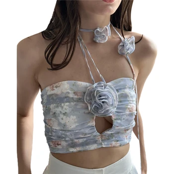 y2k Bikini Felső 2000-es évek Esztétikai Nők virágmintás Kivágott Ujjatlan Backless Cami 3D Virág Fairycore Ruhát Streetwear