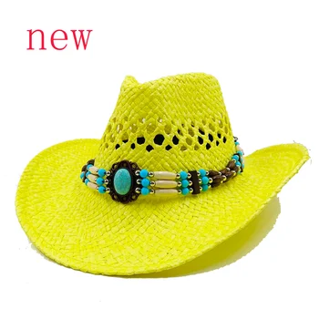 Új Sárga Cowboy Szalma Kalap Divat Üreges ki Kézzel szőtt Férfi Nyári Szabadtéri Utazás Strand Sapka Semleges Szilárd Western Cowboy kalap